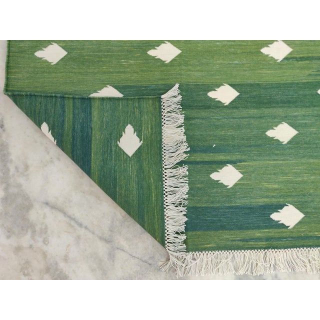 Handmade Cotton Fleur Rug, Forest Green and White Dhurrie - 14'x16' For Sale - Image 13 of 16
