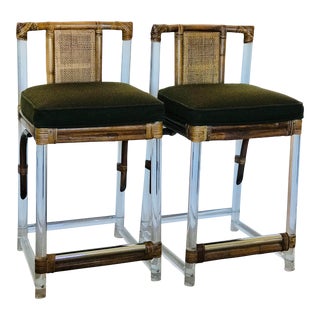 1970s Rattan and Lucite Bar Stools - a Pair For Sale
