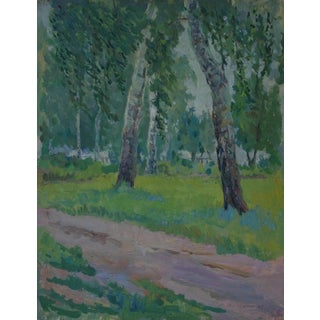 Impressionism Birch Tree Oil Painting, Ukrainian Art (1949) 44-34 For Sale