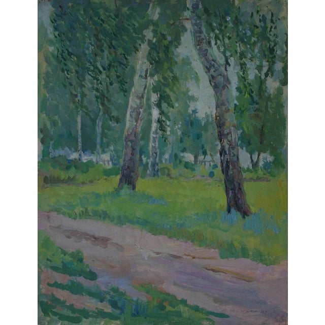 Impressionism Birch Tree Oil Painting, Ukrainian Art (1949) 44-34 For Sale