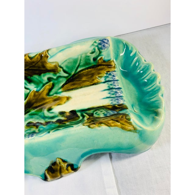 Turquoise Rare Antique French Barbotine Majolica Turquoise Asparagus Serving Tray Platter Dish For Sale - Image 8 of 11