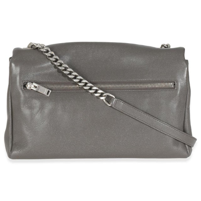 Yves Saint Laurent Grey Grained Calfskin Medium West Hollywood Monogram Fold Over Bag For Sale - Image 4 of 9