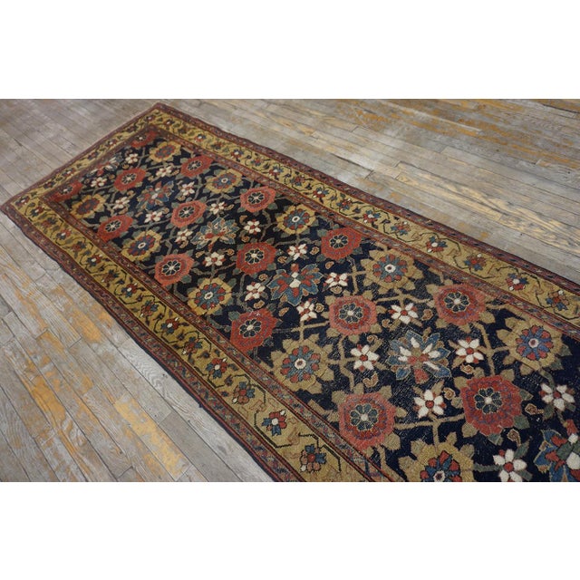 1870s Blue Navy Floral Antique Persian Kurdish Rug 3'4" X 15'9" Handknotted Wool Carpet For Sale In New York - Image 6 of 6