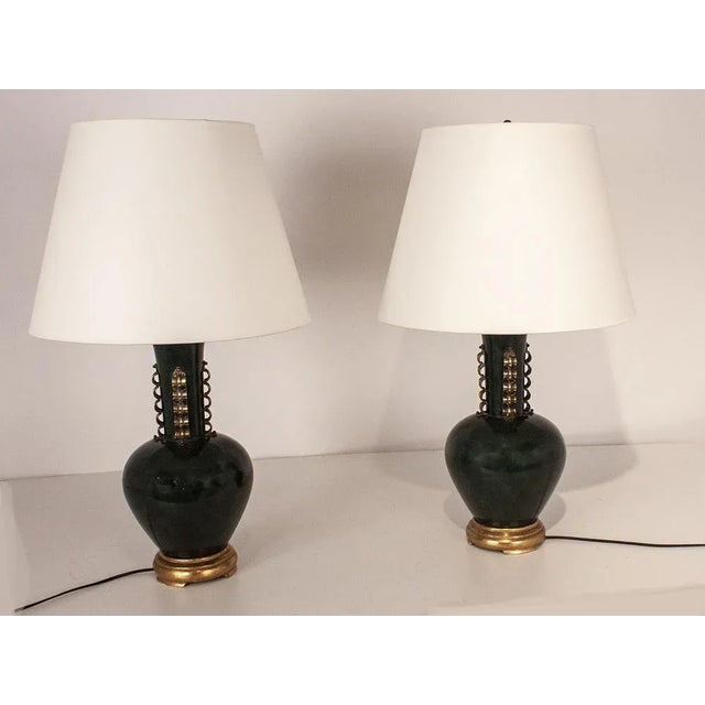 Mid-Century Modern Large Italian Metal and Brass Table Lamps in the Style of Gio Ponti, Set of 2 For Sale - Image 3 of 15