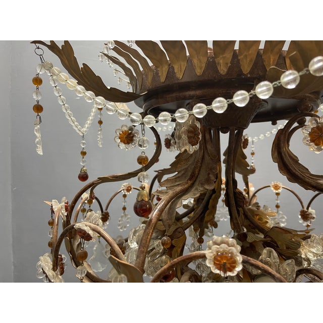 Gold Italian Tole and Murano Glass Chandelier, 1960s For Sale - Image 8 of 15