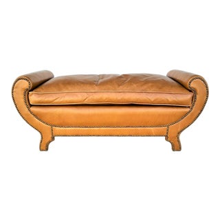 Mid-Century Modern Soft Saddle Leather Bench Ottoman With Nail Studded Trim by Swaim For Sale