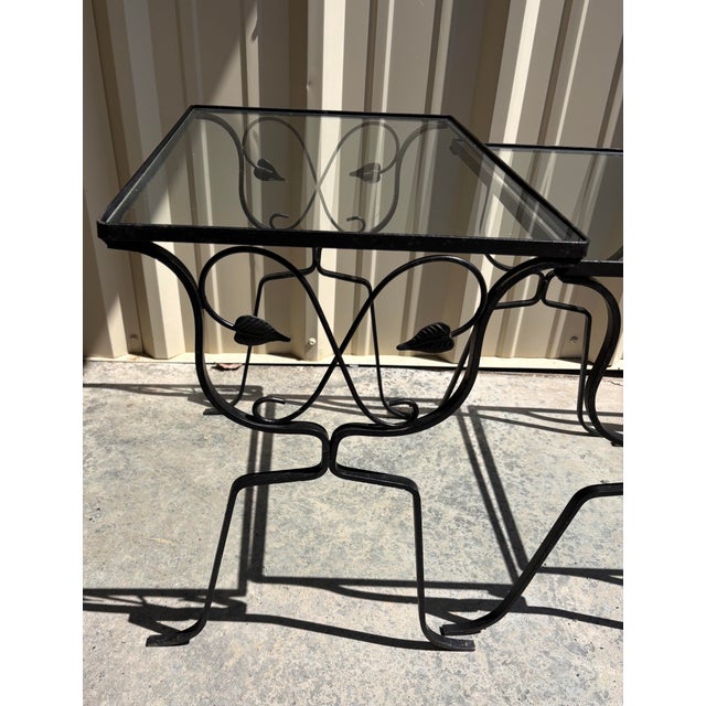 Metal Vintage Art Deco Set of 3 Wrought Iron and Glass Garden Patio Nesting Tables For Sale - Image 7 of 11