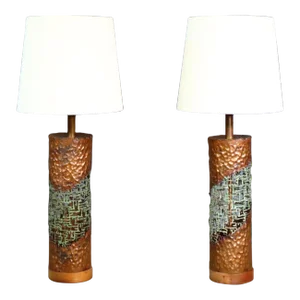 Mid Century Pair of Brutalist Hammered Copper Torch Cut Lamps Designed by Marcello Fantoni for Raymor MCM Modern Abstract Sculptural Metal