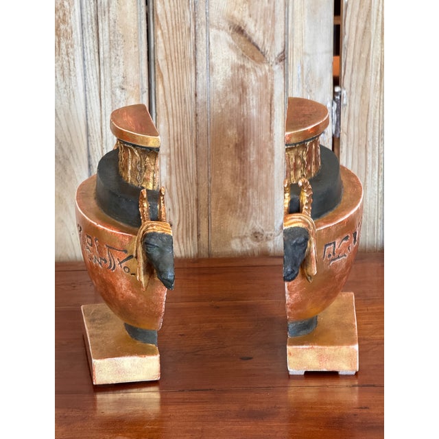 Orange 19th Century Pair of Neoclassical Painted and Gilt Flatback Urns in the Egyptian Taste For Sale - Image 8 of 9