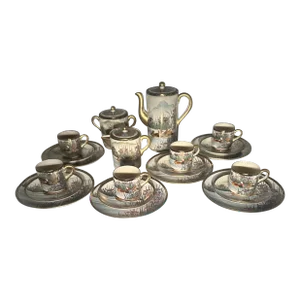 Early 1900s Japanese Satsuma Ducks and Iris Coffee Dessert Service- 21 Pieces
