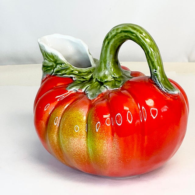 1980s 1980s Vintage Italian Majolica Trompe L’Oeil Ceramic Pumpkin Pitcher, Halloween & Thanksgiving. For Sale - Image 5 of 9