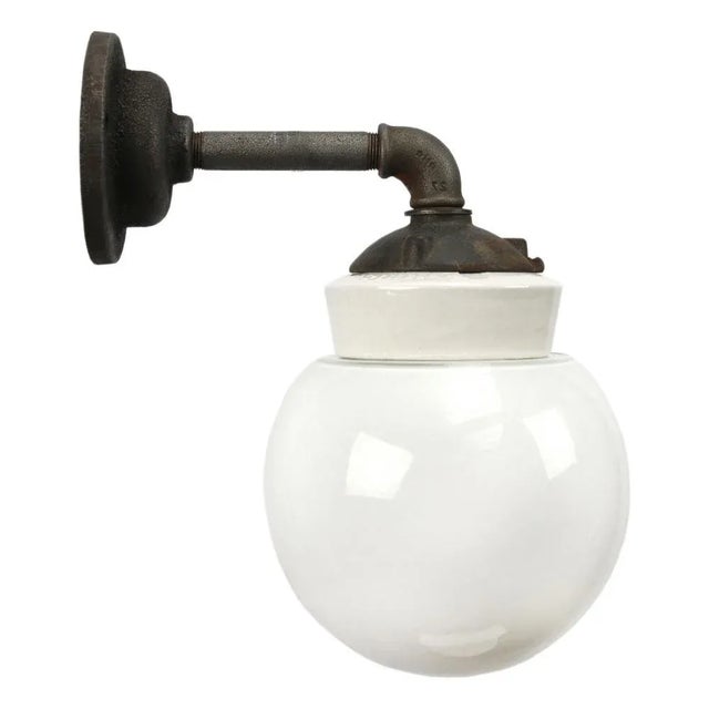 Vintage Industrial White Porcelain and Opaline Glass Sconce For Sale - Image 6 of 6
