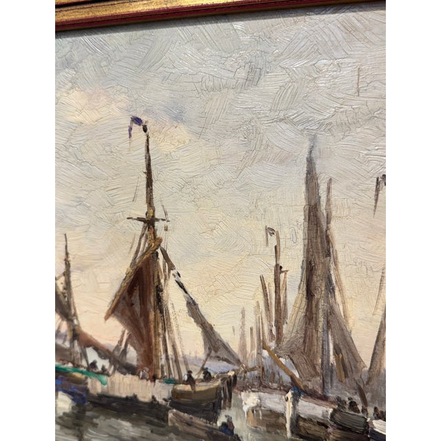 Early 20th Century Ship in Harbor Oil Painting For Sale - Image 5 of 9