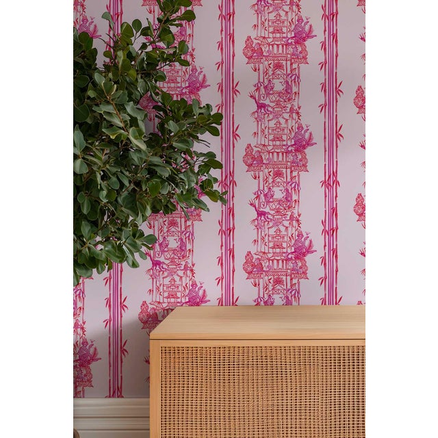 Textile Chinoiserie Shenanigans Toile Grasscloth Wallpaper by House Party | Cherry Blossom Pink | 6 Yards For Sale - Image 7 of 9
