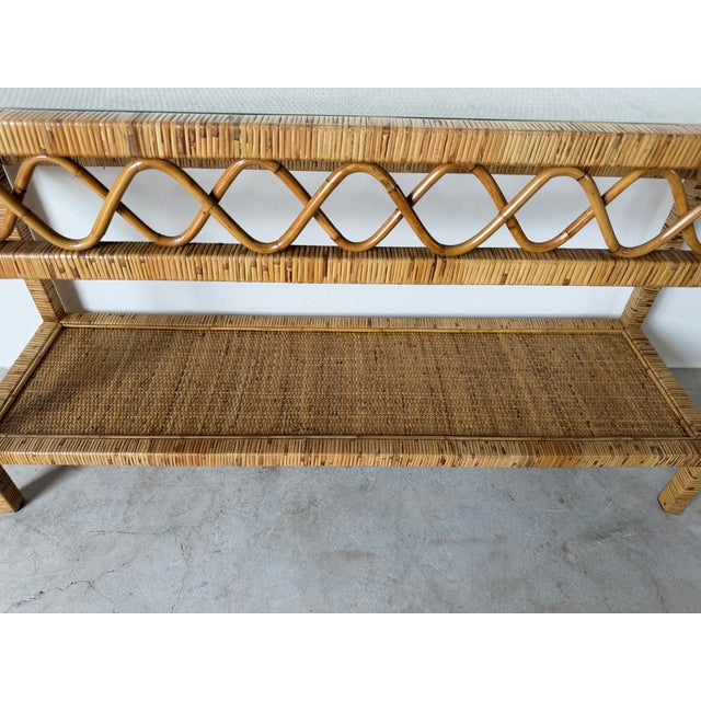 Vintage Coastal Rattan Two-Tier Console Table With Glass Top For Sale - Image 14 of 17