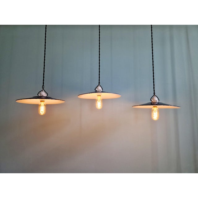 Vintage Industrial Pendant Lights in Black Enameled Sheet Metal, 1940s, Set of 3 For Sale - Image 16 of 17