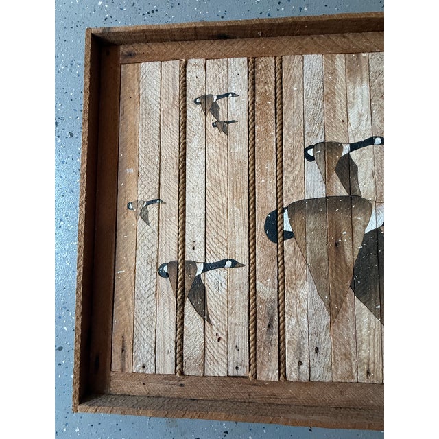 Large Vtg. 1989 Wood Inlay Geese Landscape Art Signed by C. Pruitt Inscribed 19th C. Wood Lath For Sale - Image 9 of 18