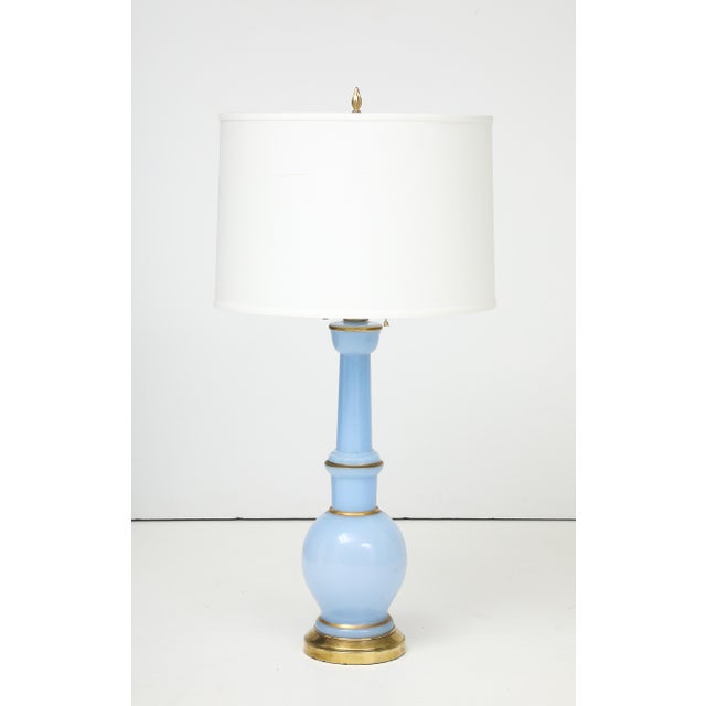 Warren Kessler Warren Kessler Blue Glass And Brass 1950's Table Lamps - A Pair For Sale - Image 4 of 12