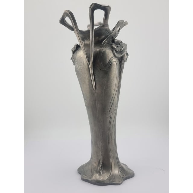 Antique Pewter Art Nouveau Vase Tin Woman Flowers For Sale - Image 4 of 16