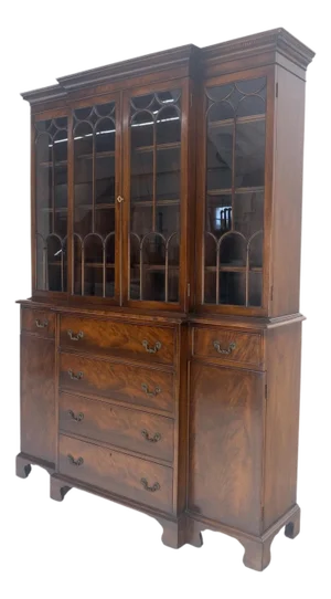 Beacon Hill Two Part Crotch Flame Mahogany Individual Glass Pane Breakfront