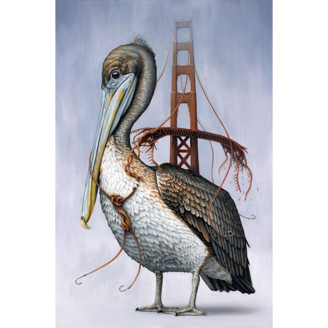Waking from a Dream by Criminy Johnson | Oil on canvas Pelican with Golden Gate Bridge and tentacles For Sale