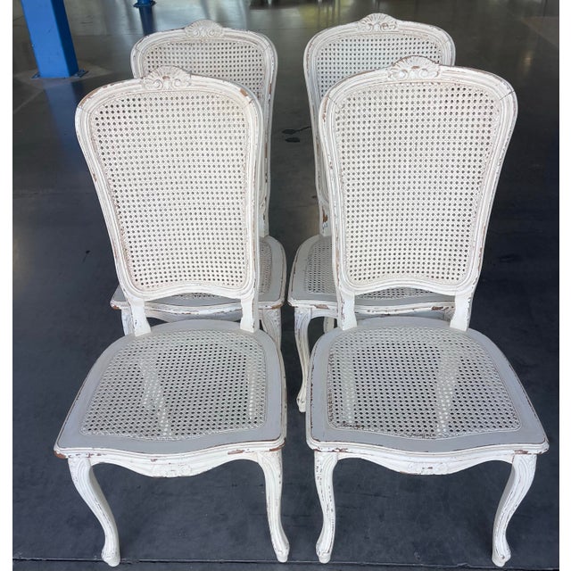 French Vintage Italian Louis XV Style Double Cane Dining Chairs, Set of 4, Distressed White Finish For Sale - Image 3 of 13