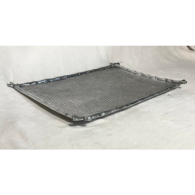 Oversized Mariposa rectangular aluminum silver serving tray, bamboo edge with basket weave pattern. Quite heavy, over 9...