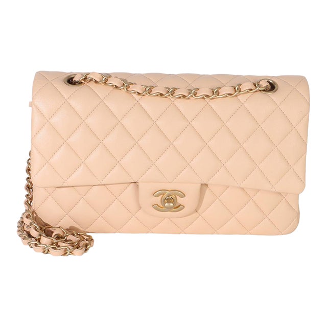 Beige Quilted Lambskin Medium Classic Double Flap Bag For Sale