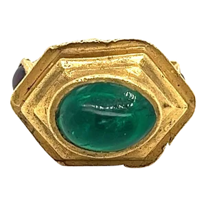 Vintage 22k Gold Egyptian Revival Cabochon Cut Emerald and Garnet Ring Size 5