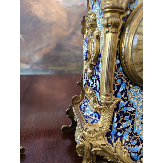 Antique Faberge Style Bronze Enamel Dolphin Clock Set For Sale - Image 9 of 18