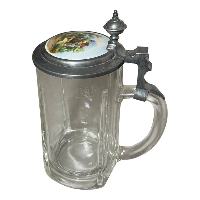 Antique Hand Painted Porcelain Glass Pewter German Lidded Beer Stein Mug For Sale