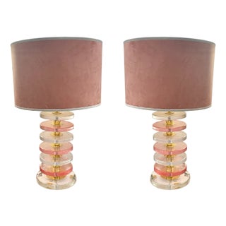 Vintage Pink and Clear Murano Glass Disc Table Lamps, 1980s, Set of 2 For Sale