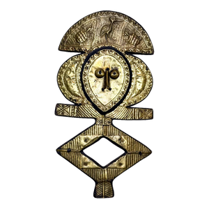 Vintage Kota Reliquary Guardian Figure, Brass on Wood, African Tribal Art From Gabon Style