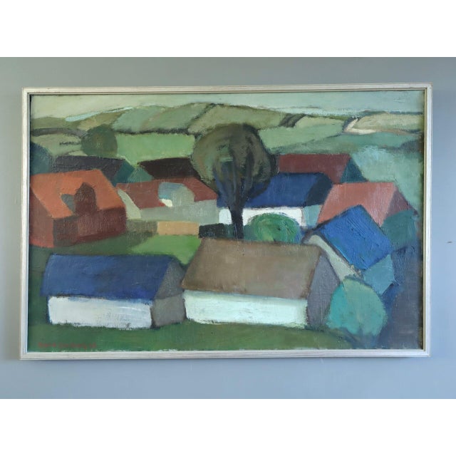 HOUSES BY THE ROLLING HILLS Size: 22.6 x 34.3 inches (including frame) Oil on canvas A charming and picturesque mid-...