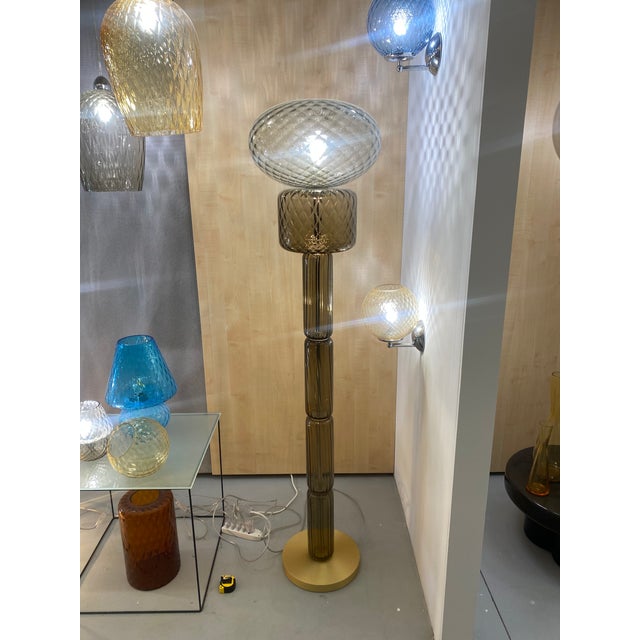 Contemporary smoked-fumè and grey Murano Glass floor lamp With "Ballotton" worked elements Impressive Murano glass floor...