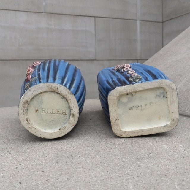 1915 Weller Art Pottery Blue Drapery Pair (2x) of Vases For Sale - Image 11 of 12