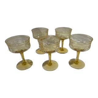 Vintage Yellow Depression Glass Champagne Coupes or Sherbet Glasses Set of Five For Sale