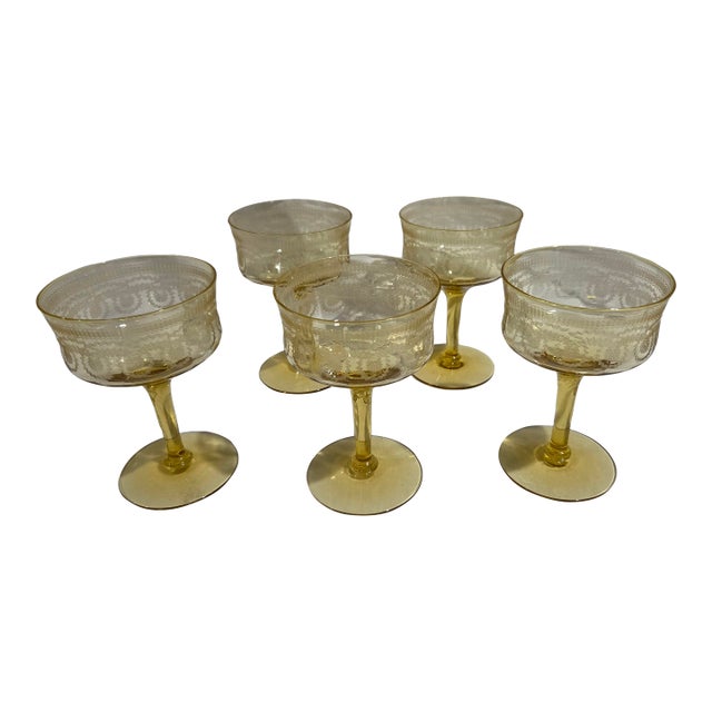 Vintage Yellow Depression Glass Champagne Coupes or Sherbet Glasses Set of Five For Sale