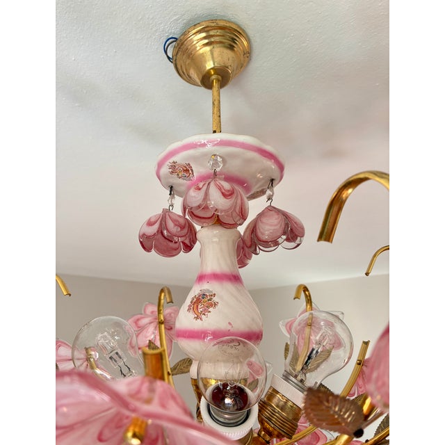 1980s Italian Pink Murano Style Glass Floral Chandelier – Hand-Painted Porcelain & Brass Ceiling Light For Sale - Image 12 of 18