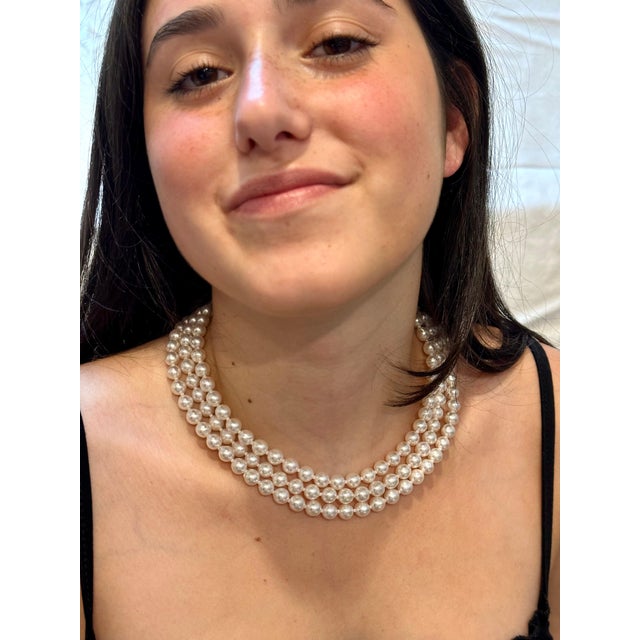 Metal 8mm Akoya Japanies Pearl Triple Strand Choker Necklace, 18k White Gold & Diamond For Sale - Image 7 of 8