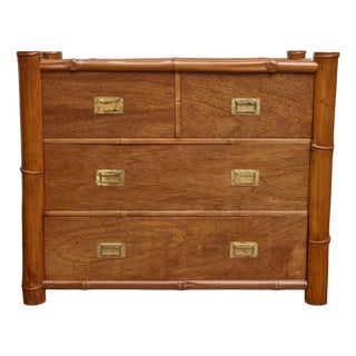 Midcentury Bamboo and Mahogany Chest of Drawers With Campaign-Style Brass Pulls For Sale