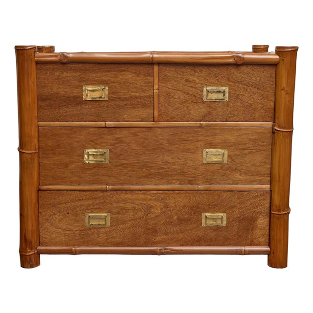 Midcentury Bamboo and Mahogany Chest of Drawers With Campaign-Style Brass Pulls For Sale