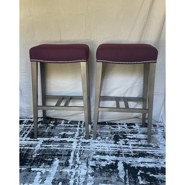 Ethan Allen Ethan Allen Backless Bar Stools in Plum Velvet With Nailhead Trim - A Pair For Sale - Image 4 of 4