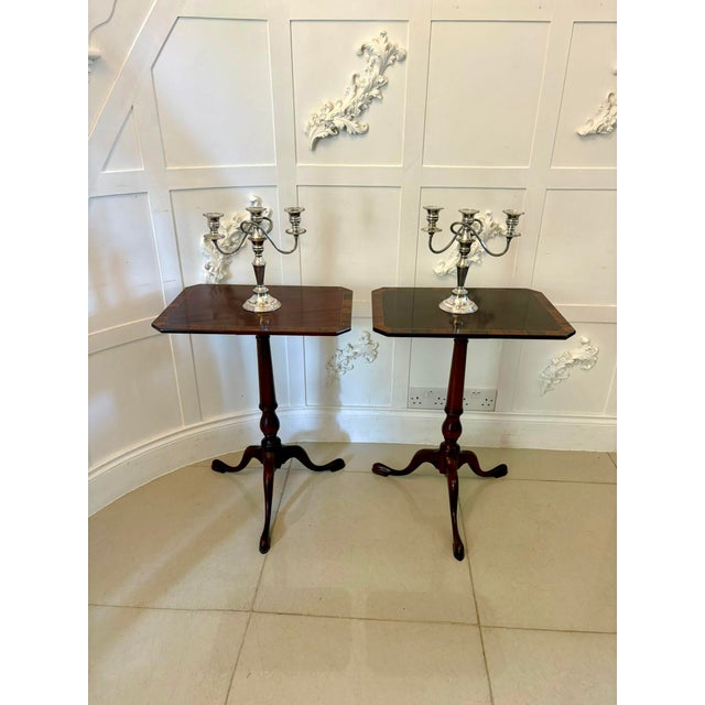 Superb quality pair of antique figured mahogany lamp/bedside tables having superb quality figured mahogany crossbanded...