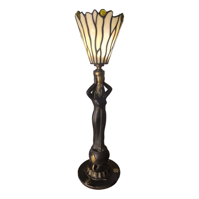 Ceramic Lamp with Stained Glass Lampshade, 1975 For Sale