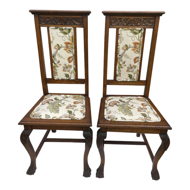 Late 19th Century Antique Carved Oak Claw Foot Side Chairs - a Pair For Sale