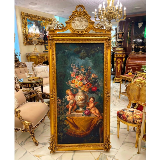 Rococo Grand French Rococo Floral Panel – Ornate Gold Leaf Frame With Cherub & Garden Scene For Sale - Image 3 of 3