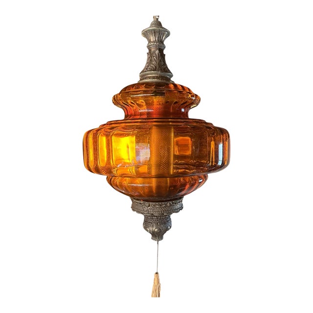 Vintage Amber Glass Swag Pendant Light With Ornate Brass-Tone Fittings For Sale