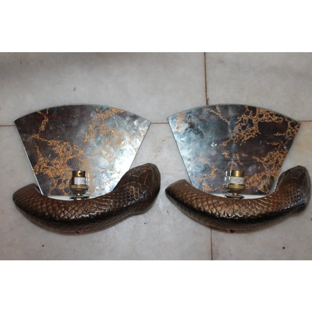 C1960's British Designer Mid Century Modern Bronze "Python" Mirror Back Wall Sconces by Wilson Laidlaw a - Pair For Sale - Image 12 of 13