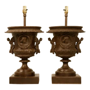 Pair of Italian Iron Winged Maidens Urns Fitted as Table Lamps Very Well Made
